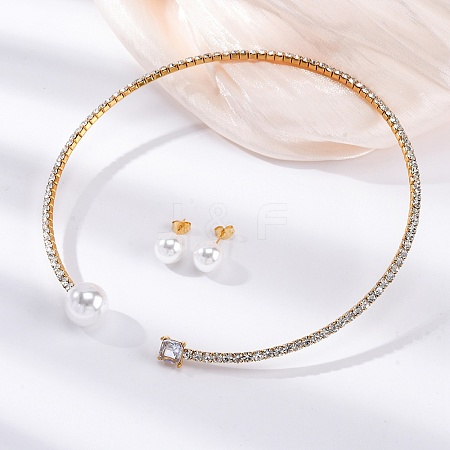 Round Plastic Imitation Pearl Stud Earrings & Cubic Zirconia and Rhinestone Square Cuff Choker Necklaces Sets SJEW-U003-02G-1