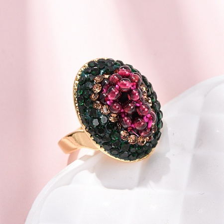 Brass & Polymer Clay Rhinestones & Natural Garnet Cuff Rings RJEW-G365-01G-1