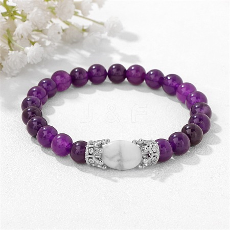 8MM Round Natural Amethyst Beaded Stretch Bracelets with Oval Synthetic Howlite Beads WG9ED28-01-1