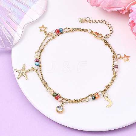 Ocean Faceted Rondelle Electroplate Glass 2-Strand 304 Stainless Steel Starfish Charm Anklets for Women AJEW-AN00793-01-1