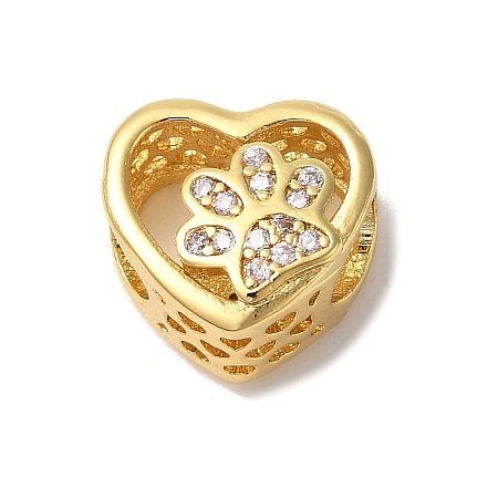 Heart with Paw Print Pattern Rack Plating Brass Micro Pave Cubic Zirconia European Beads KK-G511-05A-G-1