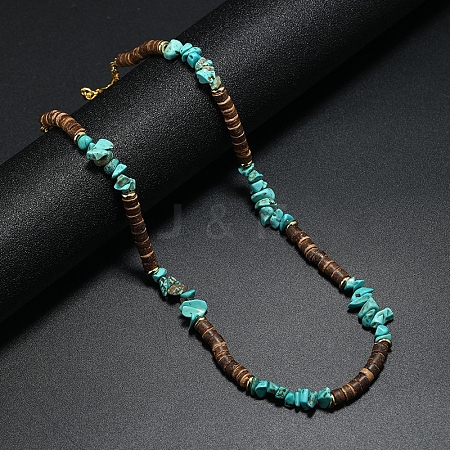 Synthetic Turquoise Chips & Coconut Disc Beaded Necklace PW-WG14432-01-1