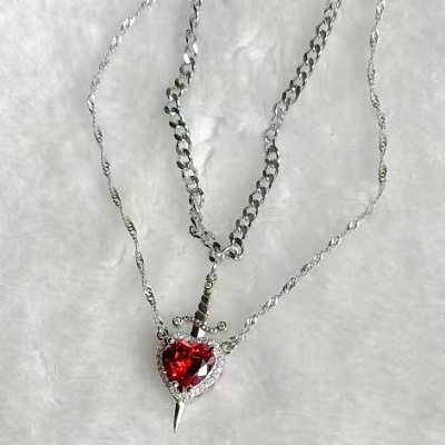 2Pcs Sword & Heart Zinc Alloy Light Siam Rhinestone Pendant Double Layer Necklaces for Women FS-WG484C5-02-1