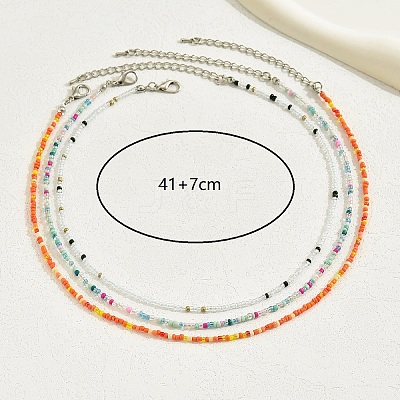 3Pcs Bohemian Round Rainbow Glass Seed Beaded 3 Layer Necklaces for Women DY1745-1