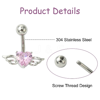 5Pcs 5 Styles Heart Teardrop 304 Stainless Steel Pearl Pink Cubic Zirconia Curved Barbell Belly Rings AJEW-CJ0001-58-1