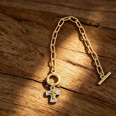 Duo Tone Zinc Alloy Religion Cross Charm Paperclip Chain Bracelets with OT Clasps for Unisex WG12F9E-01-1