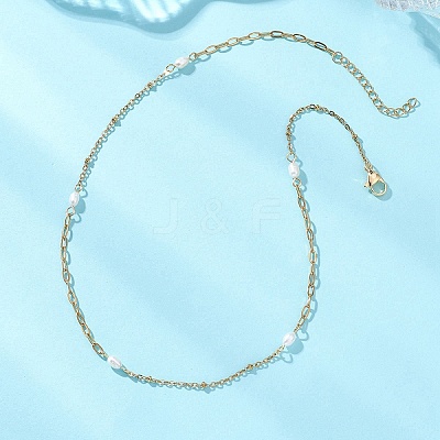 Natural Pearl Rice & 304 Stainless Steel Satellite Chain Paperclip Chain Necklaces for Women NJEW-JN05823-02-1