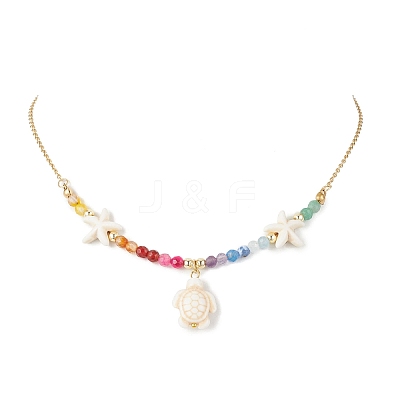 Beach Synthetic Turquoise Turtle Starfish Pendant Necklaces NJEW-JN05251-1