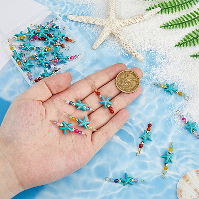 24Pcs 4 Colors Summer Beach Dyed Synthetic Turquoise Starfish & Natural Mixed Stone Faceted Round Beaded Connector Charms PALLOY-FH00160-1