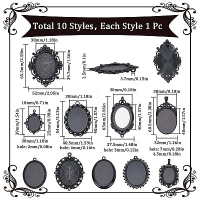 10Pcs 10 Styles Oval Alloy Pendants Cabochon Settings FIND-SC0009-96-1
