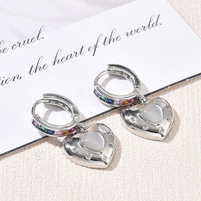 Brass Micro Pave Cubic Zirconia and Cat Eye Beads Heart Hoop Dangle Earrings KK-CBAD9DF-01P-D-1