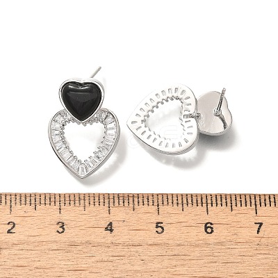 Brass Cubic Zirconia & Black Agate Stud Earrings EJEW-M048-03P-1