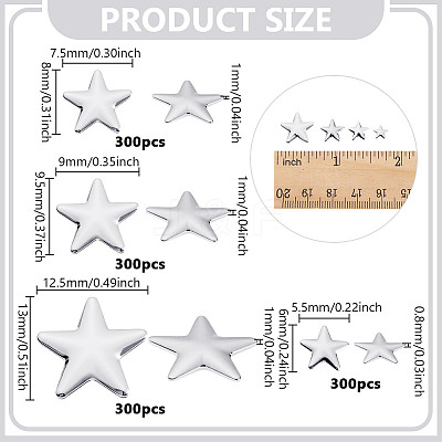 1200Pcs 4 Styles Aluminum Hotfix Iron On Star Studs FIND-NB0006-17P-1