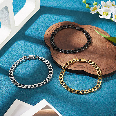 3Pcs 3 Styles 304 Stainless Steel Cuban Link Chain Bracelets BJEW-TAC0062-1