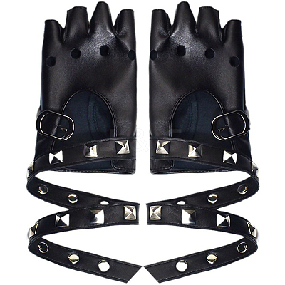 2 Pairs PU Leather Biker Punk Gloves with Belt AJEW-CL0003-02-1
