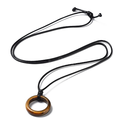 Natural Tiger Eye Ring Pendant Necklace with Waxed Cords NJEW-R262-01A-07-1