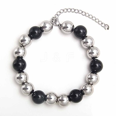 Simple Fashion Round 304 Stainless Steel Beaded Bracelets for Women UG2742-12-1