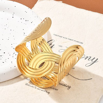 Ion Plating(IP) 304 Stainless Steel Criss Cross Cuff Bangles for Women BJEW-A026-04G-1