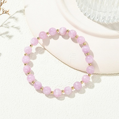 Natural Kunzite & Brass Beaded Stretch Bracelets for Women BJEW-JB14002-1