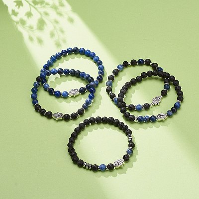 5Pcs 5 Style Natural Lava Rock & Sodalite Stretch Bracelets Set with Alloy Hamsa Hand Beaded BJEW-JB08737-1