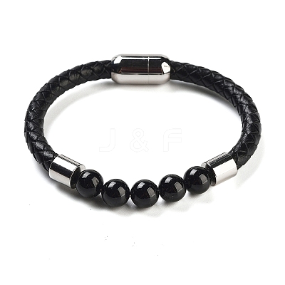 Natural Tourmaline Round Bead Braided Leather Cord Bracelets for Men Women BJEW-A009-11P-07-1