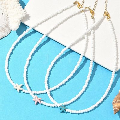 3Pcs 3 Colors Dyed Synthetic Turquoise Starfish & Glass Seed Beaded Necklaces NJEW-JN05330-1