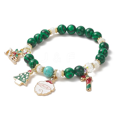 Synthetic Malachite Round Beaded Stretch Bracelet X1-BJEW-TA00251-1