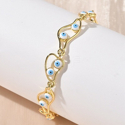 Brass Enamel Flat Round Evil Eye Link Chain Bracelets for Women BJEW-G764-01G-03-1