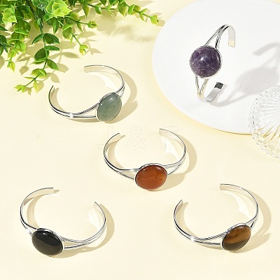 Natural Mixed Stone Flat Round Brass Cuff Bangles for Women BJEW-JB14353-1
