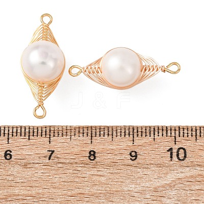 Copper Herringbone Wire-Wrapped Natural Pearl Round Links Connector Charms KK-Z152-02G-01-1
