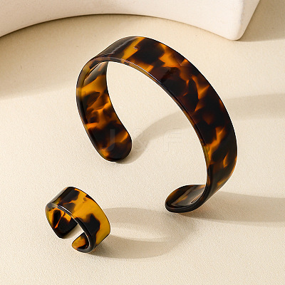 Leopard Print Acrylic Cuff Bangle & Finger Rings Sets for Women FS-WG722C5-01-1