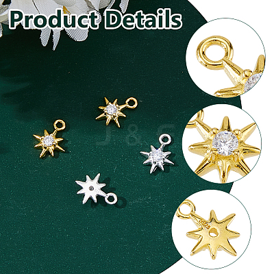 4Pcs 2 Colors 925 Sterling Silver Clear Cubic Zirconia 8-Pointed Star Charms STER-DC0001-98-1