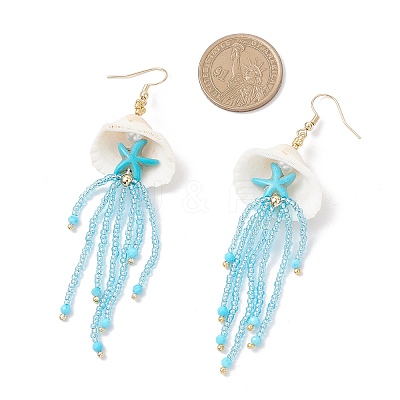 304 Stainless Steel Dyed Synthetic Turquoise Glass Seed Beaded Jellyfish Dangle Earrings EJEW-MZ00529-03-1