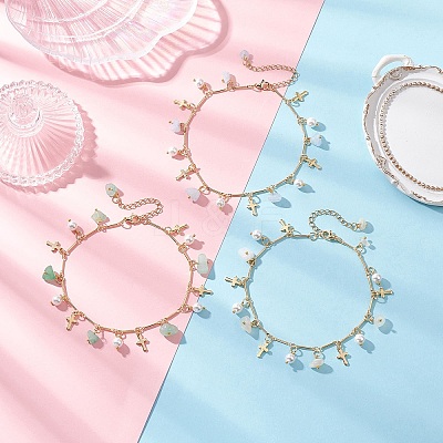 3Pcs 3 Styles Natural Aquamarine & White Moonstone & Green Aventurine Chip & Round Shell Pearl Cross Tassel Anklets AJEW-AN00716-1