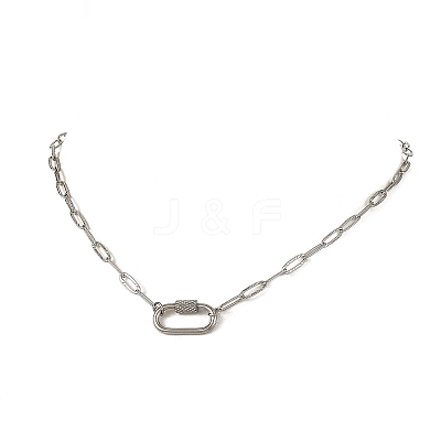 304 Stainless Steel Oval Screw Carabiner Lock Pendant Textured Paperclip Chain Necklaces NJEW-JN06576-01-1