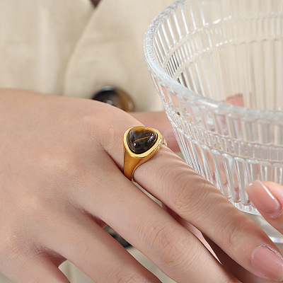 Natural Tiger Eye & 304 Stainless Steel Finger Rings WGF96AF-04-1