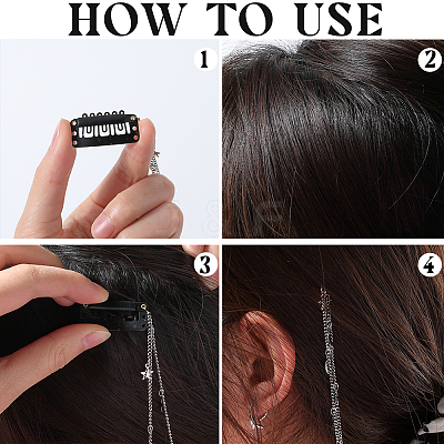 2Pcs 2 Colors Metal Hair Chain with Moon & Star Charms and Iron Hair Combs Clips OHAR-GF0001-35-1