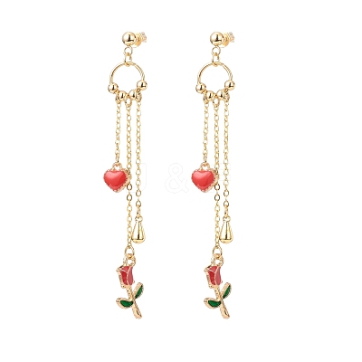 Enamel Heart & Rose Dangle Stud Earrings EJEW-JE05041-02-1