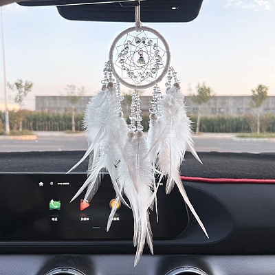 Natural Gemstone Chips Woven Net/Web with Feather Hanging Ornaments PW23112253149-1