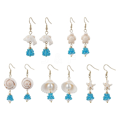 5Pair Shell Glass Dangle Earrings EJEW-MZ00424-1