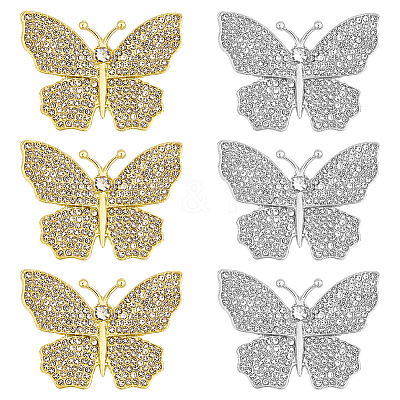 6Pcs 2 Colors Butterfly Alloy Rhinestone Lapel Pins for Backpack Clothes JEWB-OC0001-07-1