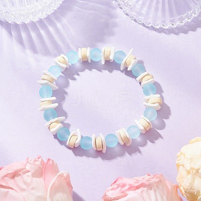 Transparent Glass Round Beads & Natural White Shell & Wood Beads Stretch Bracelets for Men Women BJEW-JB11846-02-1