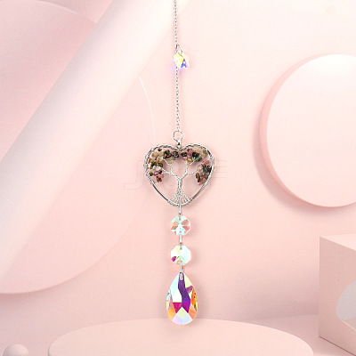 Wire Wrapped Natural Tourmaline Heart with Tree of Life Pendant Decorations HJEW-K046-02P-01-1