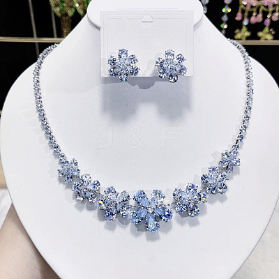 Flower Brass Micro Pave Cubic Zirconia Necklaces & Stud Earrings Sets FS-WG9424F-01-1