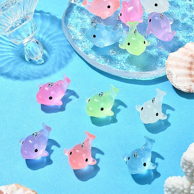 12Pcs 6 Colors Luminous Translucent Resin Pendants RESI-YW0001-85-1