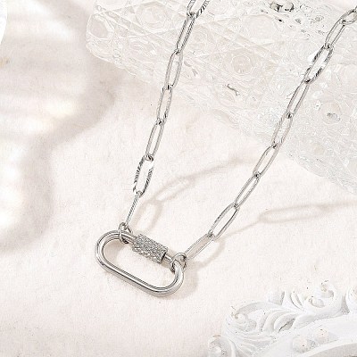 304 Stainless Steel Oval Screw Carabiner Lock Pendant Textured Paperclip Chain Necklaces NJEW-JN06576-01-1