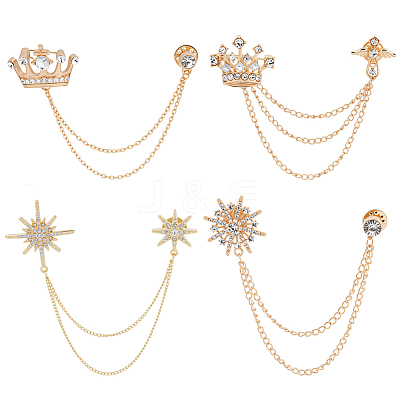4Pcs 4 Styles Rhinestone Crown & Star Hanging Chain Brooch JEWB-OC0001-09-1