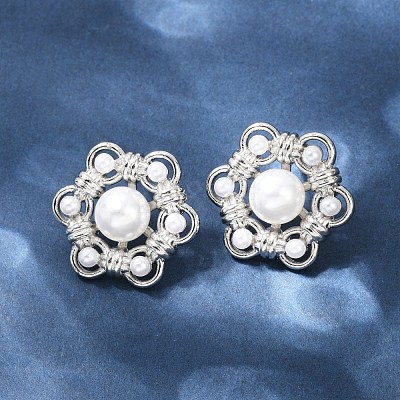 Flower Brass ABS Imitation Pearl Stud Earrings EJEW-M082-09P-1