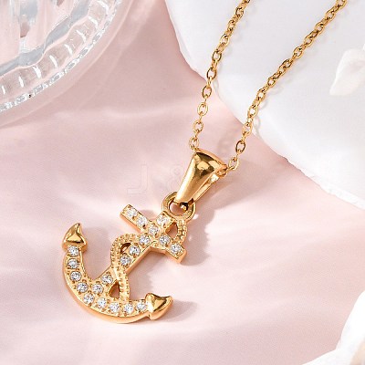 304 Stainless Steel Crystal Rhinestone Anchor Pendant Necklaces LS-NJEW-Z057-01A-G-1