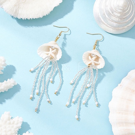 304 Stainless Steel Dyed Synthetic Turquoise & Natural Howlite & Glass Seed Beaded Jellyfish Dangle Earrings EJEW-MZ00529-01-1